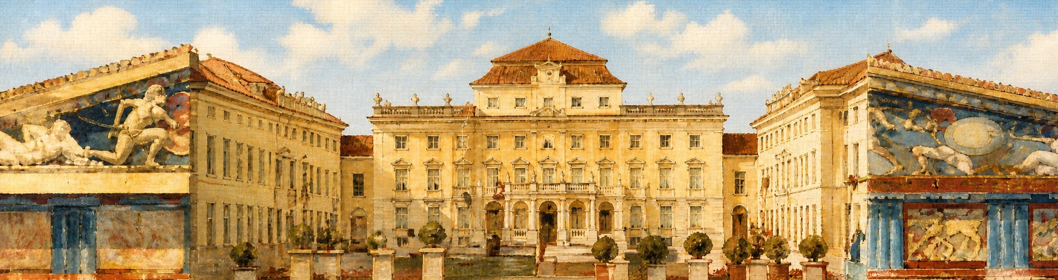 Gemaltes Panorama klassischer griechischer Architektur unter einem freundlichen Himmel